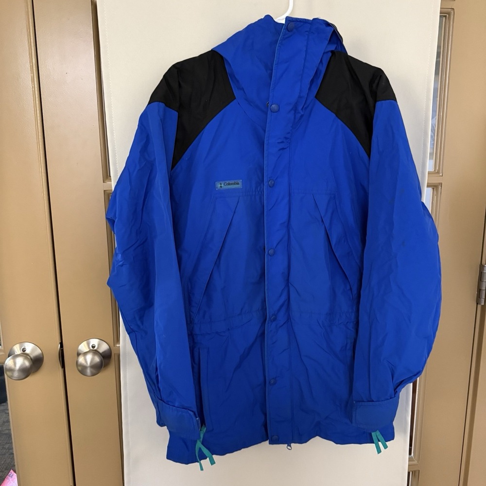 Columbia Men's Medium‎ Blue Black Vintage 90's Hooded Rain Jacket Winter Coat